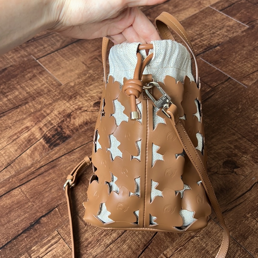 Ted Baker Tan Leather Floral Cutout Crossbody with White Canvas - Picture 10 of 14
